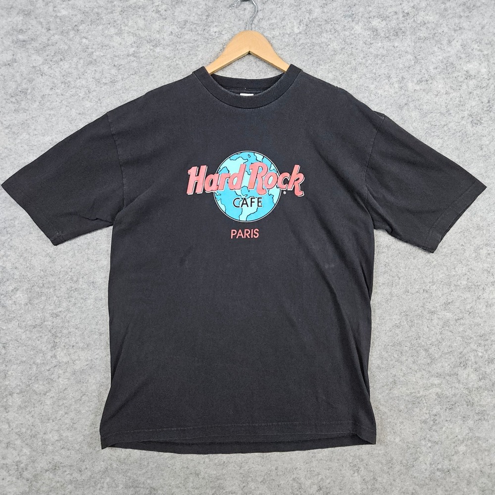 Vintage Hard Rock Cafe Paris T-Shirt Size XL Black Graphic Tee 100% Cotton SPOTS